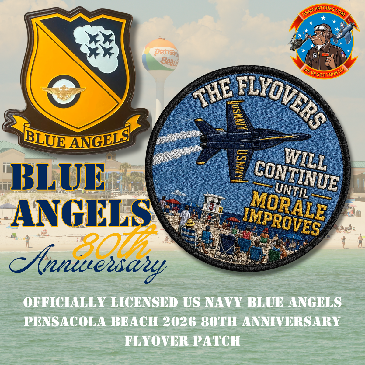 (PREORDER) Officially Licensed US Navy Blue Angels Pensacola Beach 2026 80th Anniversary Flyover Patch & Sticker