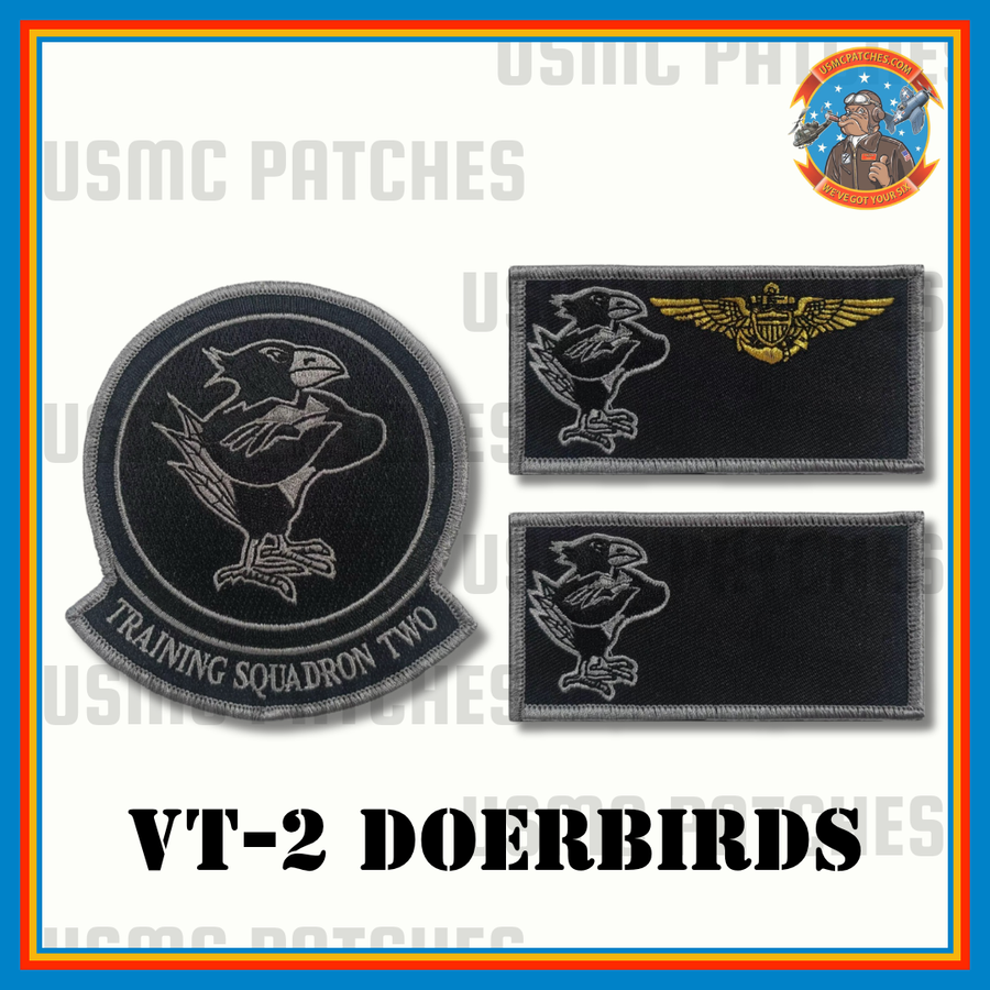 Officially Licensed US Navy VT-2 Doerbirds Squadron Patch and Name Tags (Black and Silver)