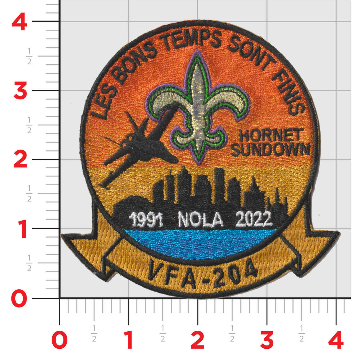 An embroidered patch featuring the US Navy VFA-204 River Rattlers with a F-18 Hornet, along with text and logos, predominantly orange and black in color.